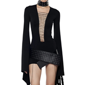 PUSS 暗黑哥特叛逆风绑带镂空长袖 连衣裙女 WEIRD 性感修身 包臀裙