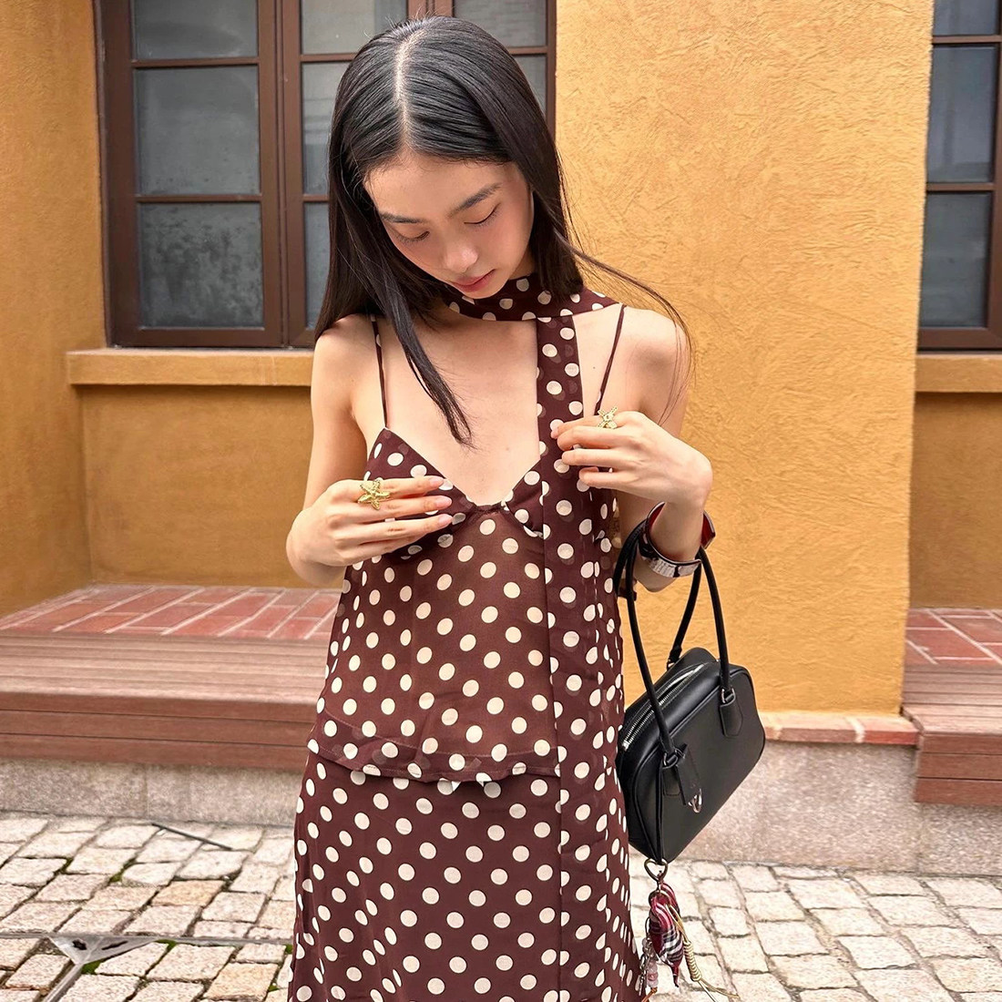 WEIRD PUSS巧克力可可少女波点印花吊带背心女复古半身裙辣妹套装