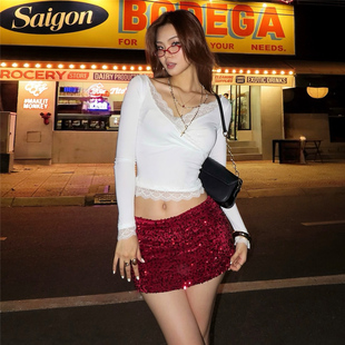 WEIRD PUSS港式千禧辣妹blingbling亮片半身裙女性感修身气质短裙