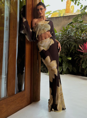 WEIRD PUSS 复古风虞美人花卉印花斜肩上衣女 修身半身裙辣妹套装