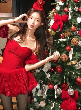 WEIRD PUSS 圣诞party氛围丝绒泡泡袖抹胸连衣裙女 气质花苞裙潮