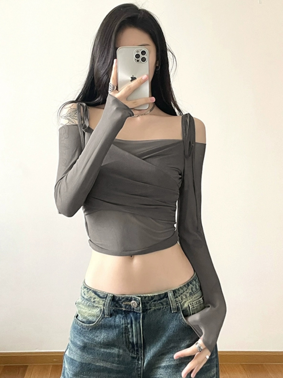 WEIRD PUSS Internet Celebrity Ins Cool Spicy Girl Style Off-Shoulder Mesh Patchwork Slim Fit Vielseitig Langarm_voghion.com