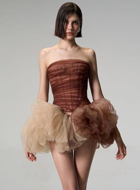 WEIRD PUSS 时尚vintage焦糖韵味网纱拼接抹胸背心女 时髦半身裙