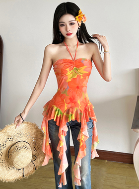 WEIRD PUSS甜心女孩橙色印花系带挂脖抹胸背心女流苏飘带修身上衣