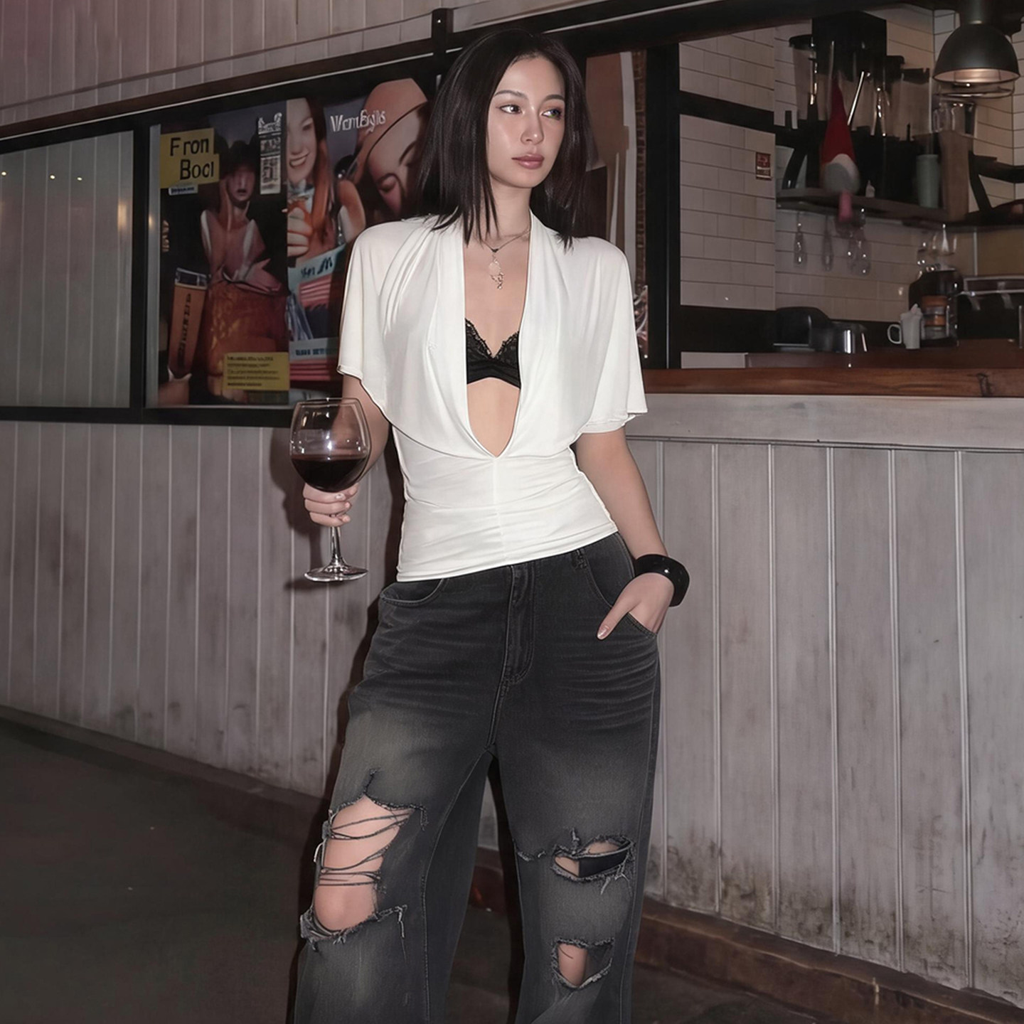 WEIRD PUSS 白袂幽檐极简风 纯色蕾丝吊带 前襟深开叉T恤套装女