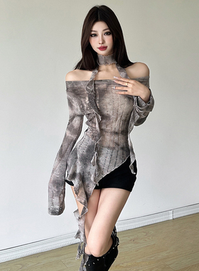 WEIRD PUSS 灰色高级感扎染设计不规则一字肩肌理感辣妹修身T恤女