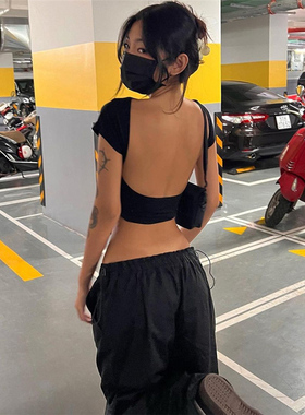 WEIRD PUSS 美式街头辣妹时尚设计感露背紧身正反两穿百搭短袖T恤