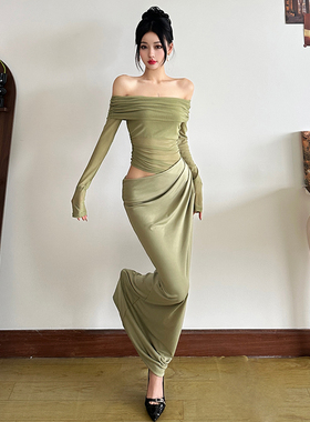 WEIRD PUSS 森系少女绿色一字肩褶皱连衣裙女 性感网纱修身显瘦裙
