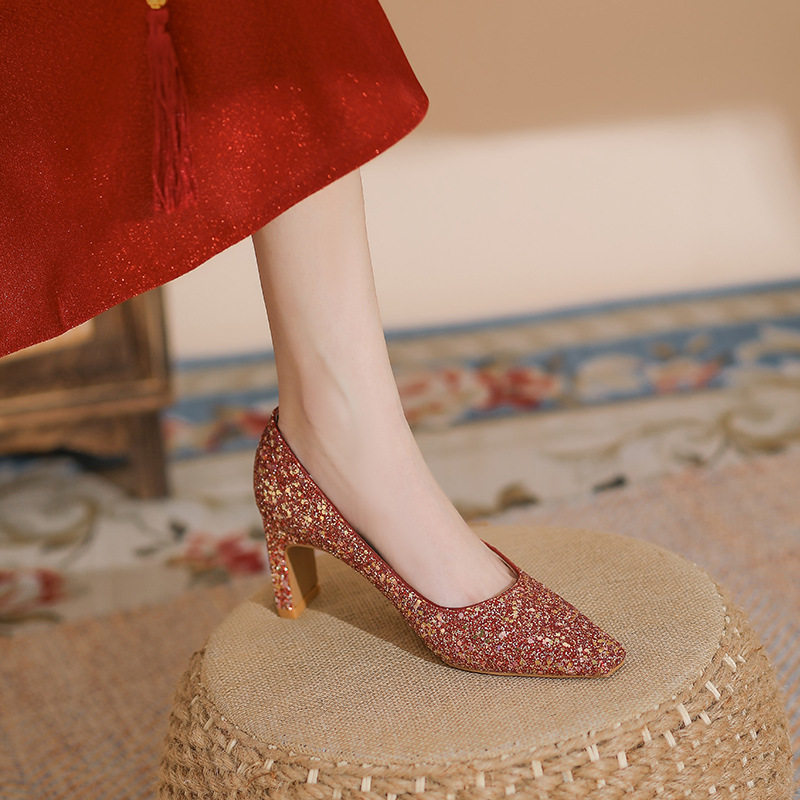 2026新款气质尖头新娘鞋中式红色简约婚鞋女时尚粗跟不累脚高跟鞋,女鞋,婚鞋,淘宝优惠券,粉丝福利购,淘宝优惠卷