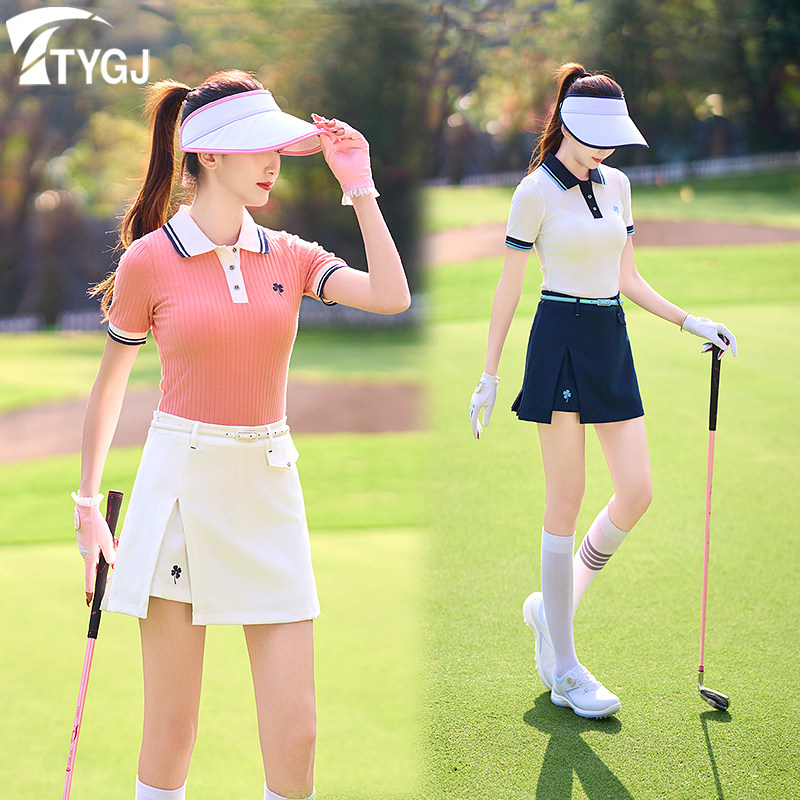 高尔夫球女士短袖T恤POLO衫修身白蓝桔色短裤裙子运动球衣服套装
