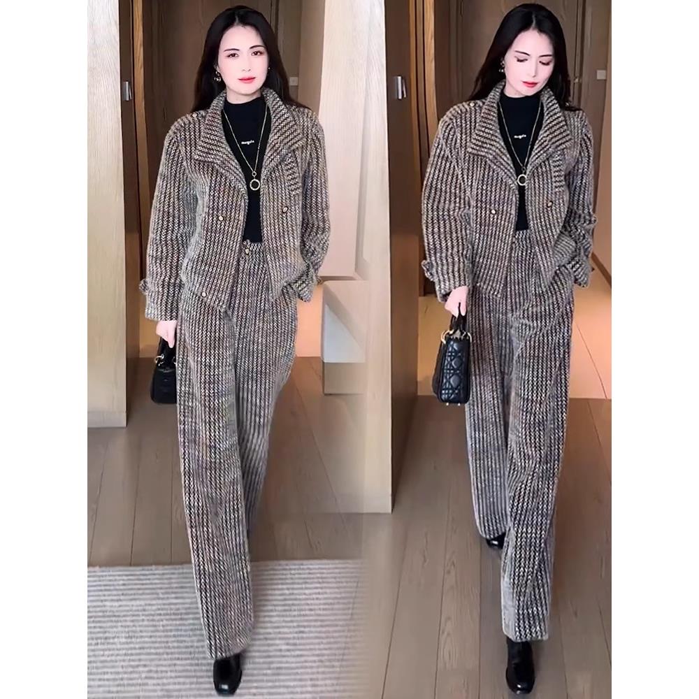 MONLOUVE小香风时尚套装女2025冬季新款加厚保暖立领短外套阔腿裤