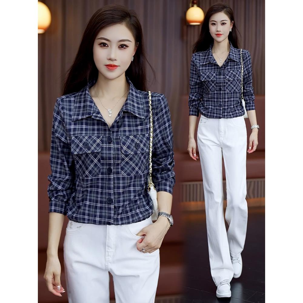 MONLOUVE洋气宽松格子衬衫女2025秋季新款时尚百搭显瘦长袖短款衬