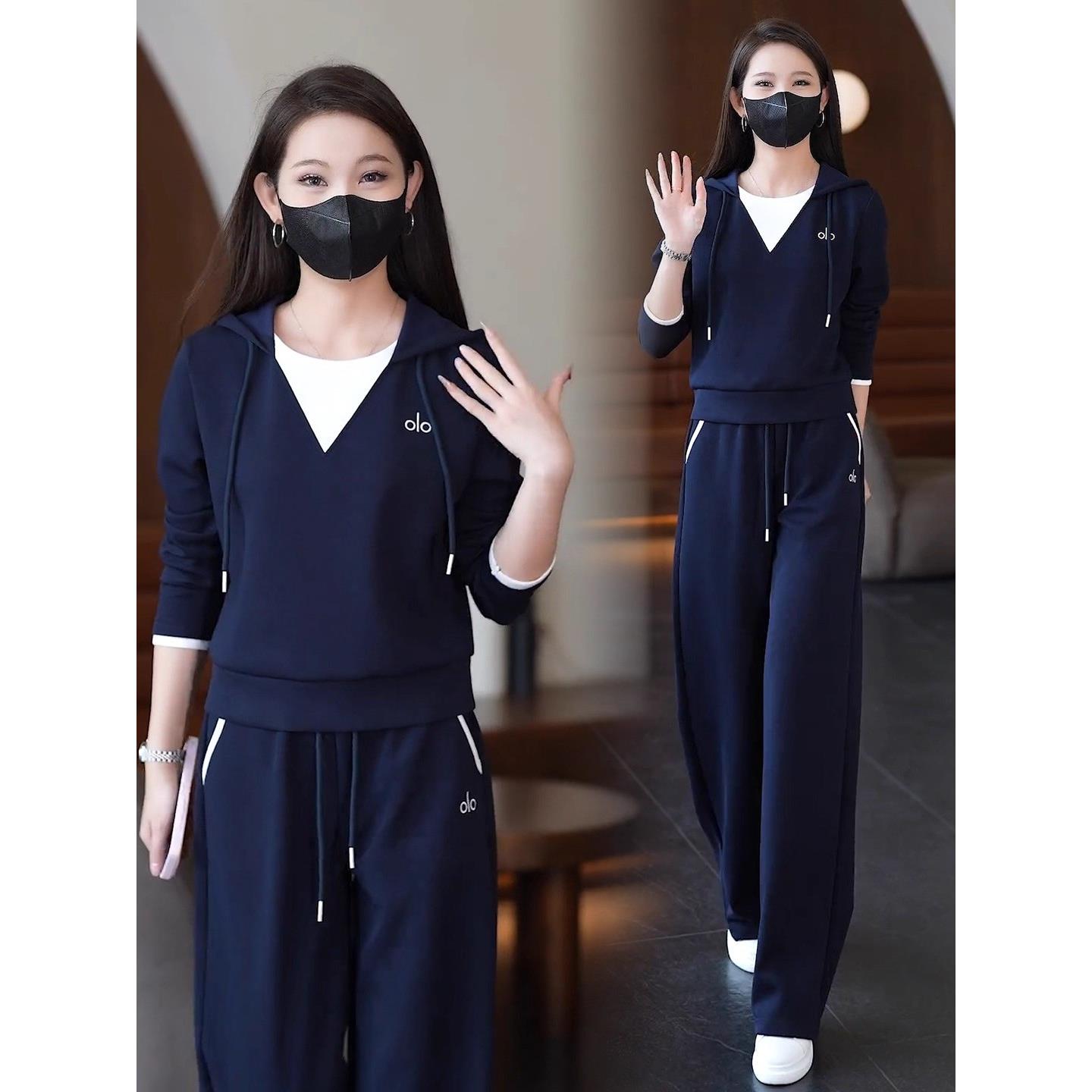 MONLOUVE时尚休闲套装女2025秋季新款洋气假两件连帽卫衣阔腿裤显