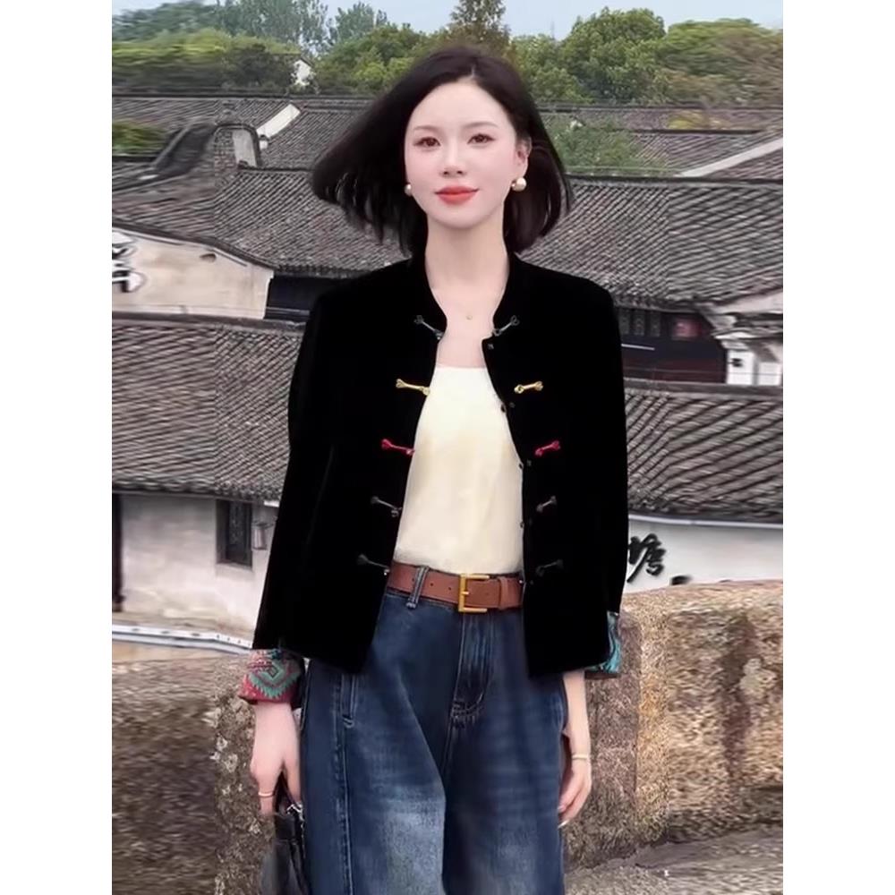 MONLOUVE巨好看的早秋外套女2025新款秋季新中式国风丝绒衬衫时尚