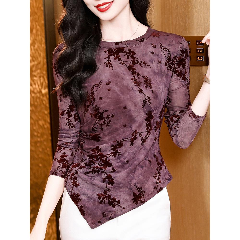 MONLOUVE网纱打底衫女长袖秋季2025年新款植绒内搭小衫不规则显瘦