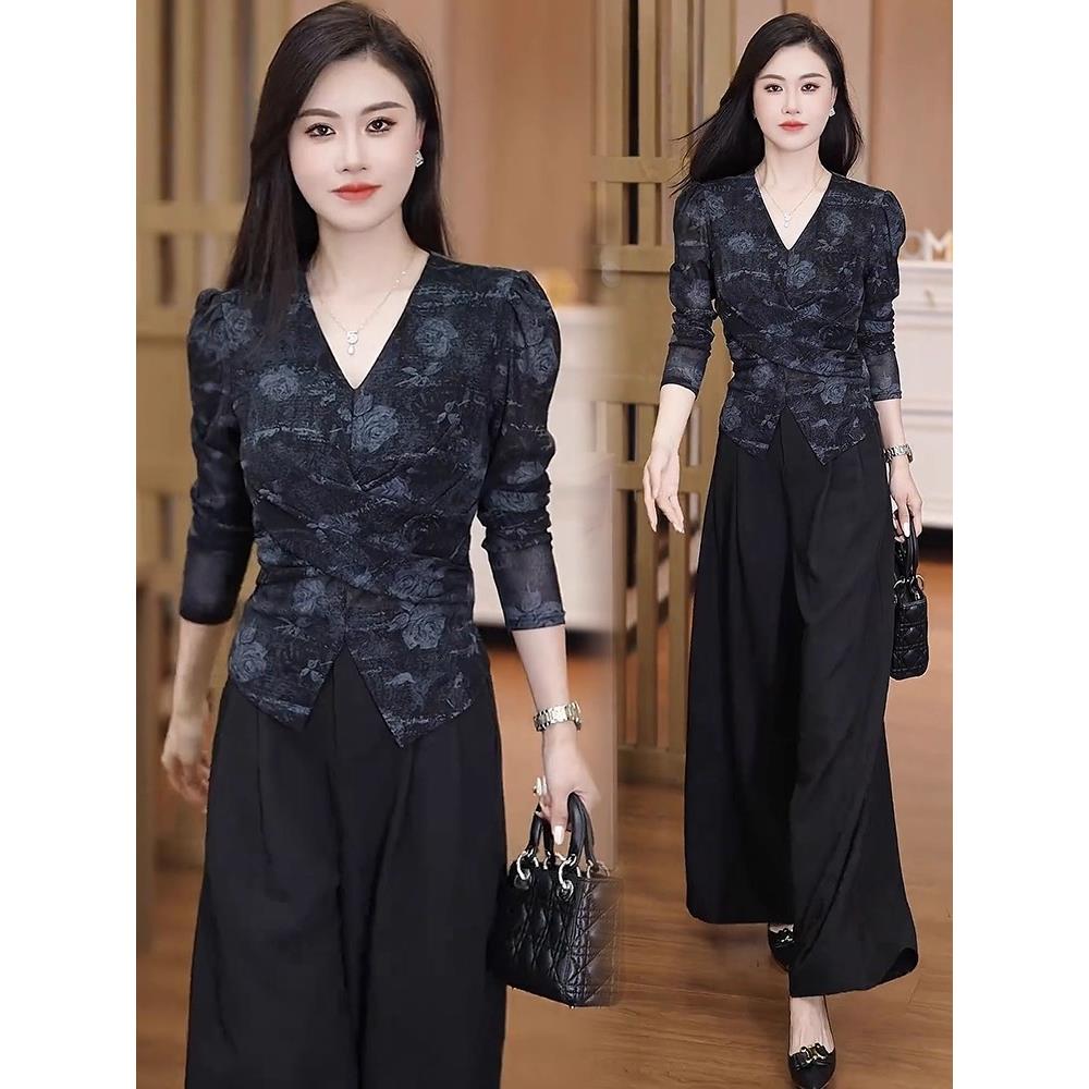 MONLOUVE时尚套装女2025秋季新款时髦洋气V领长袖打底衫阔腿裤气