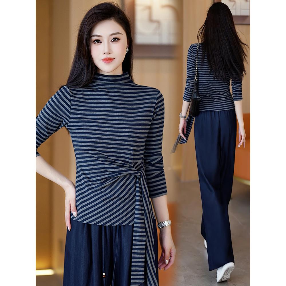 MONLOUVE2025秋季新款时尚条纹打底衫套装女气质修身长袖上衣阔腿