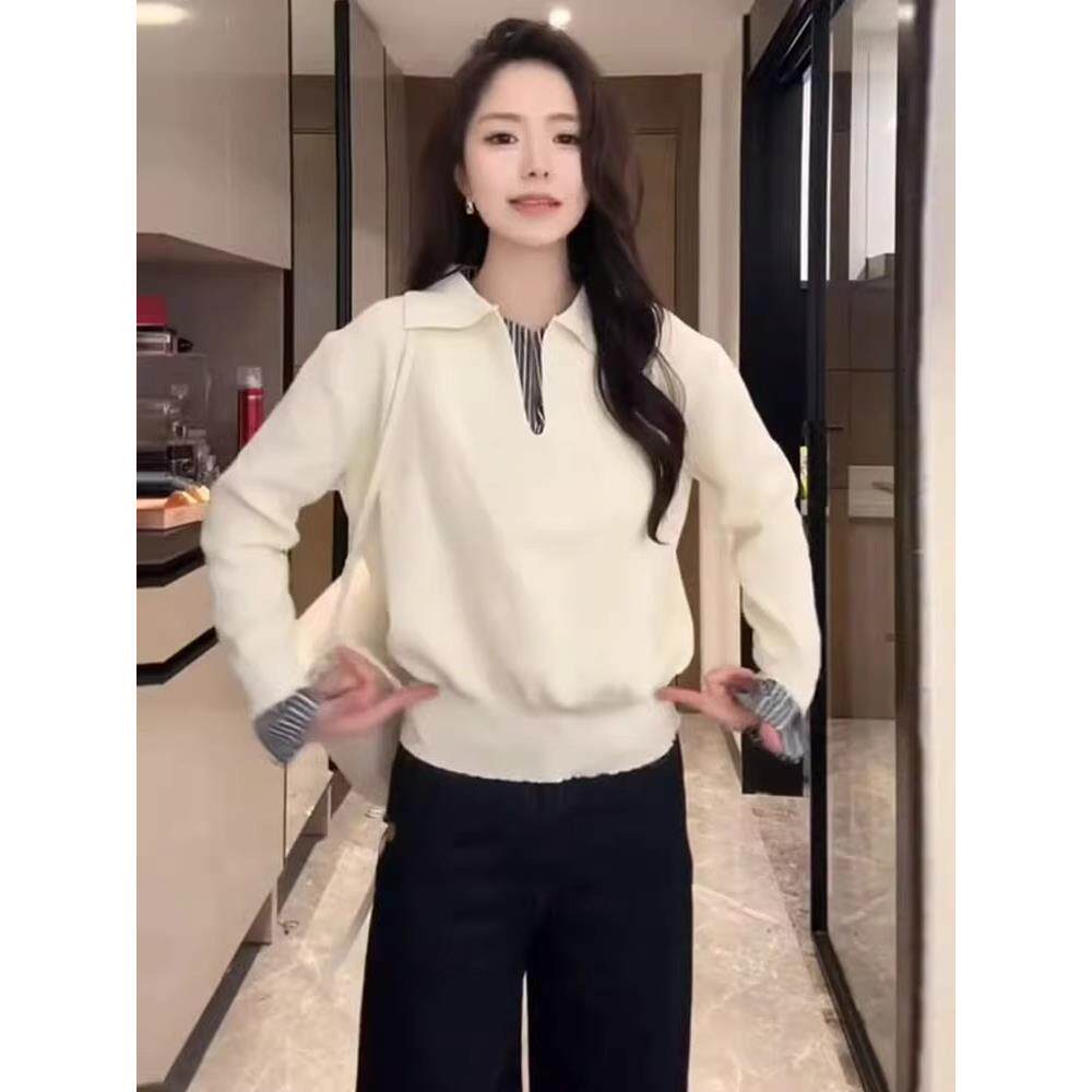 MONLOUVE毛衣卫衣女2025秋季新款韩版洋气衬衫拼接假两件设计感针