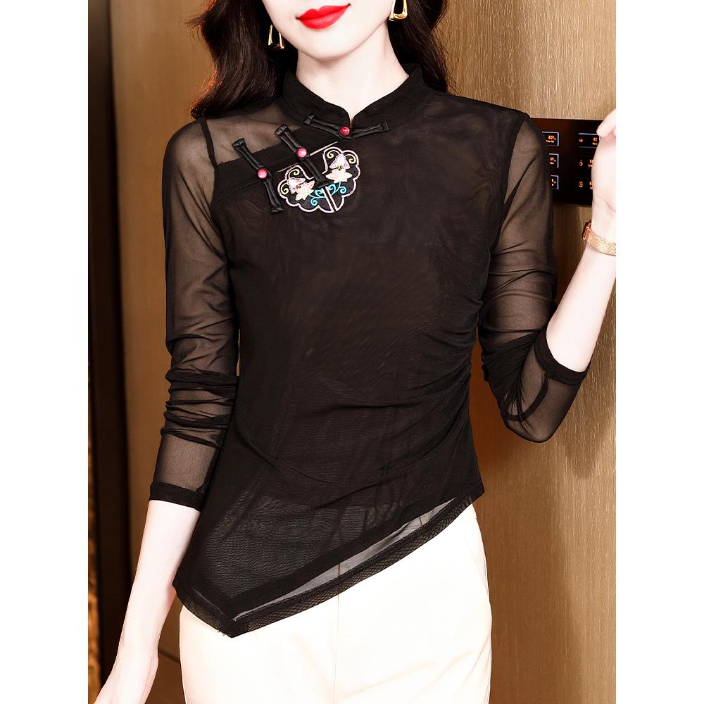 MONLOUVE新中式国风网纱长袖T恤女内搭2025年秋季蕾丝打底衫盘扣