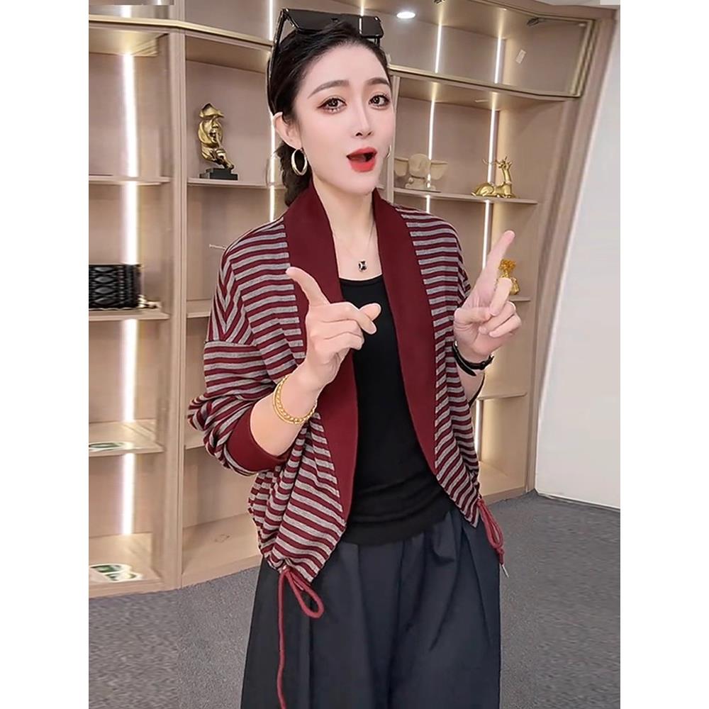 MONLOUVE时尚休闲短外套女2025秋季新款洋气时髦条纹宽松减龄针织