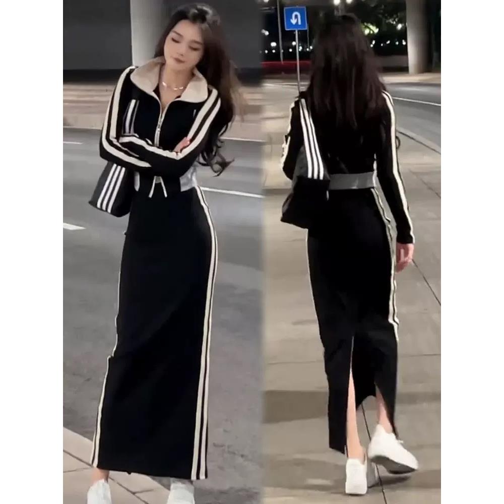 MONLOUVE时尚套装裙女2025秋季新款时髦洋气休闲立领外套开叉半身