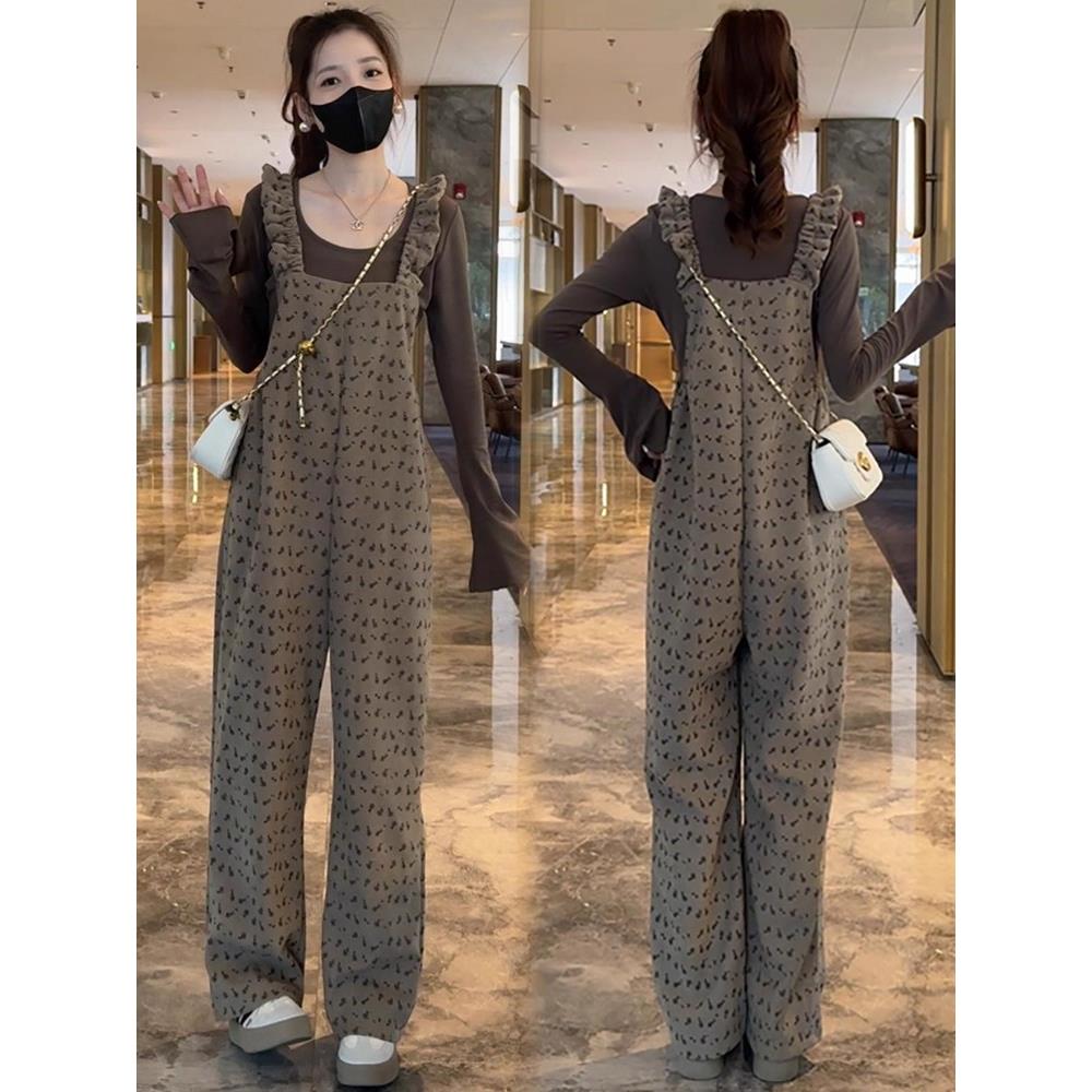 MONLOUVE时尚背带裤套装女秋季新款洋气长袖打底衫花边碎花连体裤