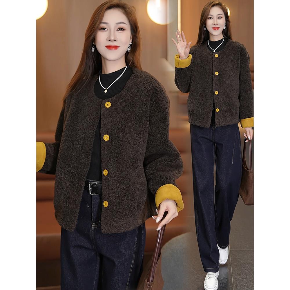 MONLOUVE韩版撞色羊羔毛外套女2025秋季新款短款圆领百搭显瘦小香