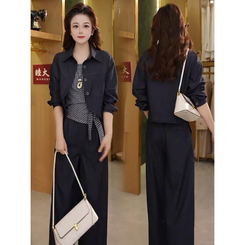 MONLOUVE时尚气质套装女2025秋季新款修身牛仔短外套抹胸吊带阔腿