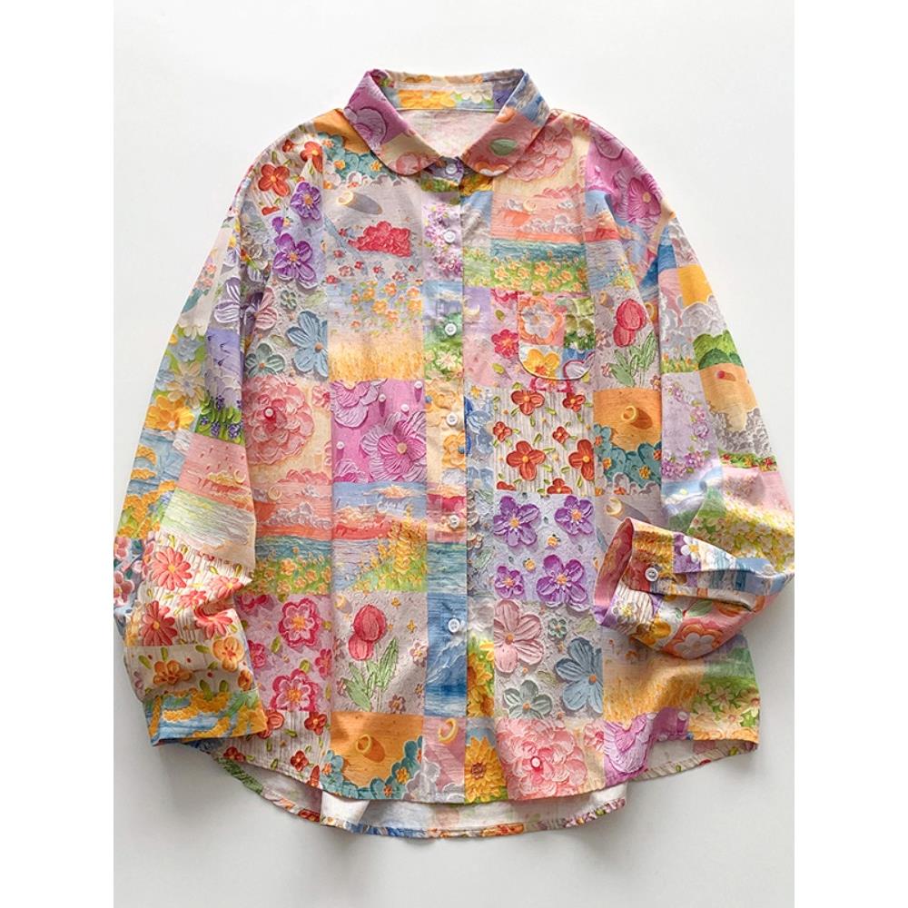 MONLOUVE2025春秋新款油画印花纯长袖衬衫女覆古宽松减龄休闲百搭