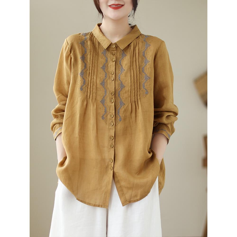 MONLOUVE文艺覆古重工刺绣褶皱苎麻长袖衬衫女春秋气质显瘦休闲衬