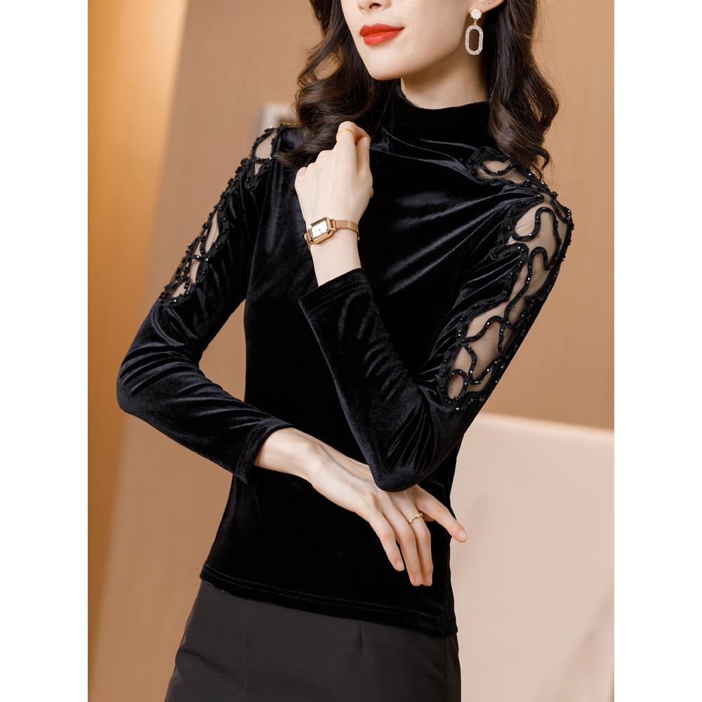 MONLOUVE半高领打底衫女秋季新款黑色内搭金丝绒长袖上衣洋气时尚
