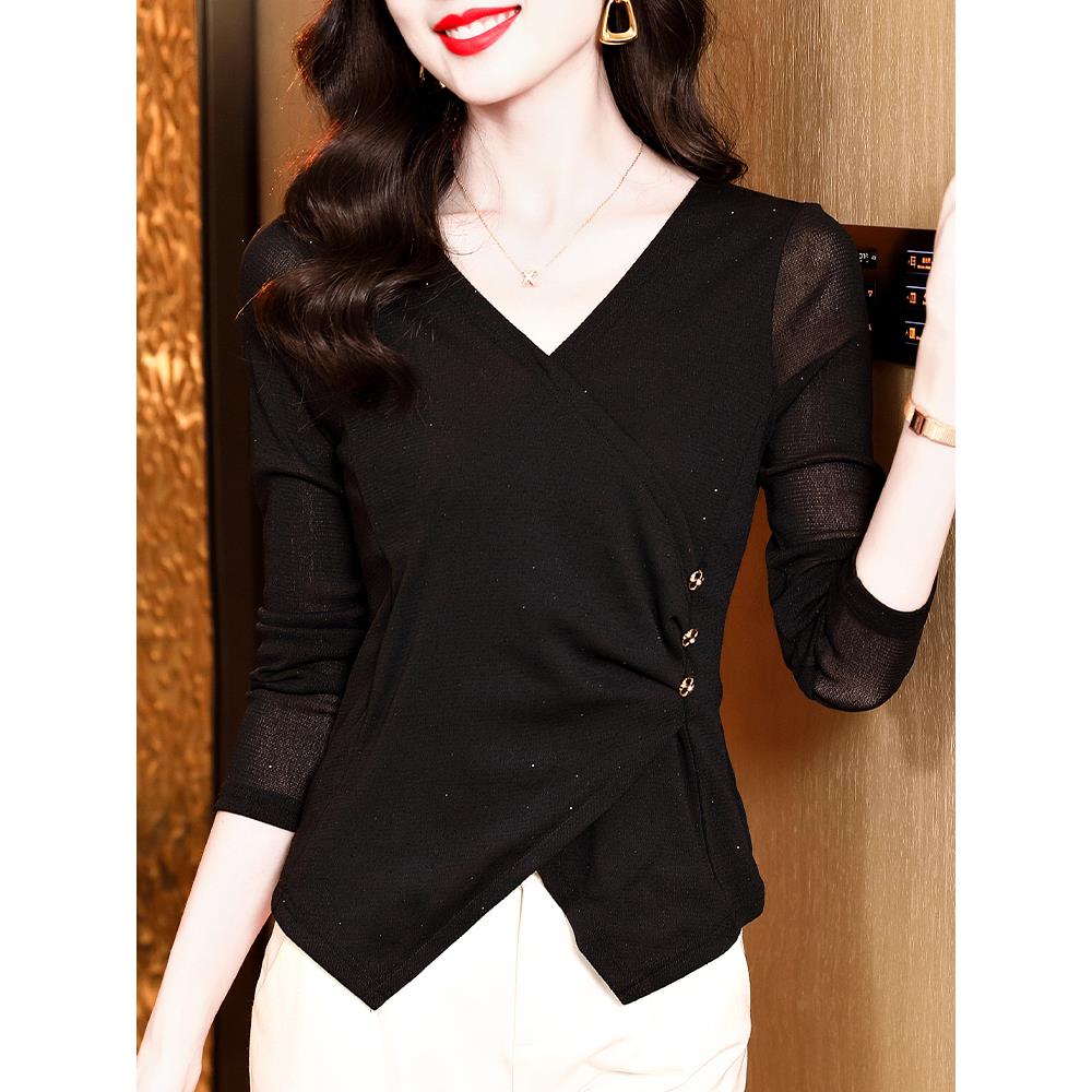 MONLOUVEV领蕾丝打底衫女内搭2025秋季新款网纱长袖T恤不规则洋气