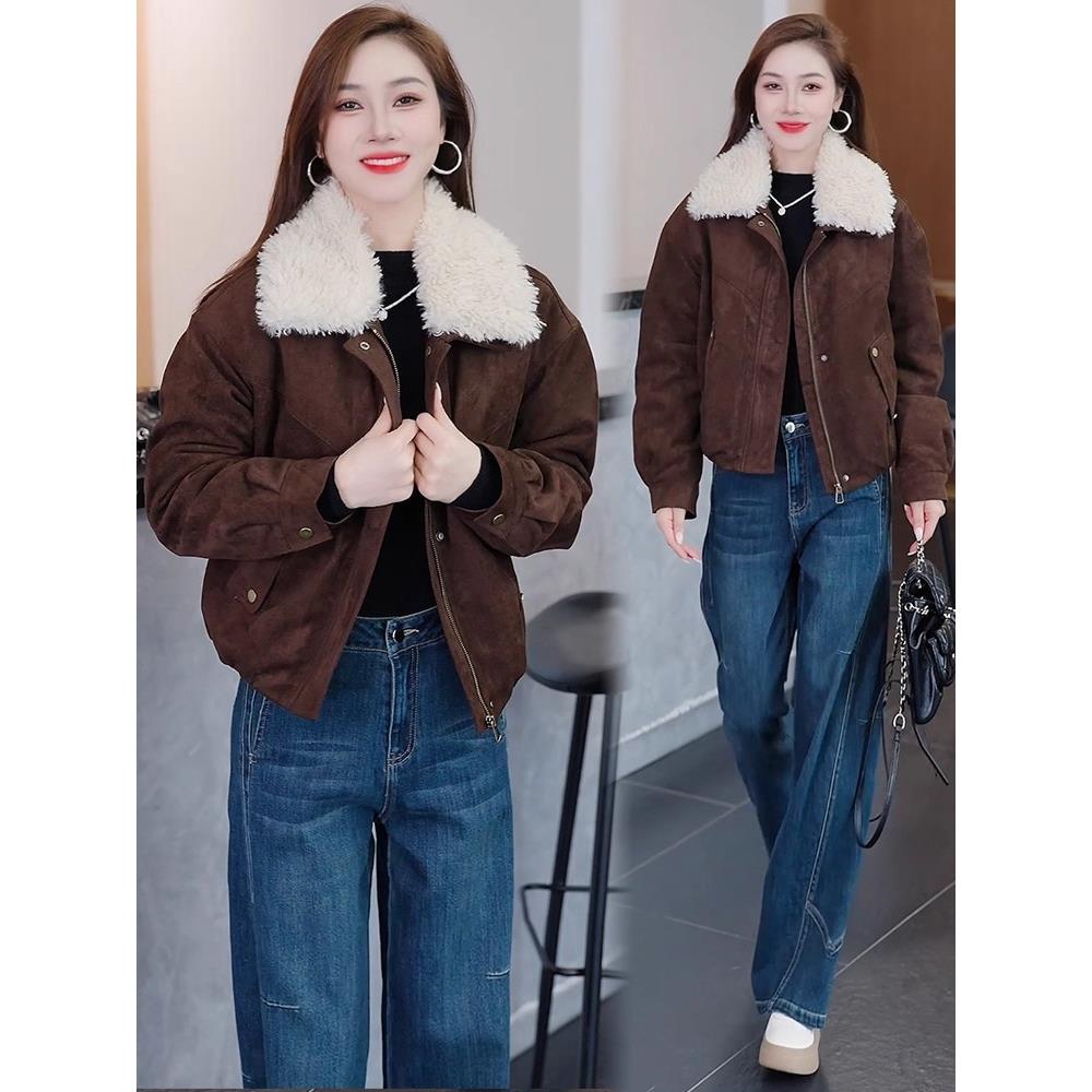 MONLOUVE时尚麂皮绒短外套女2025冬季新款时髦洋气显瘦保暖短款衣