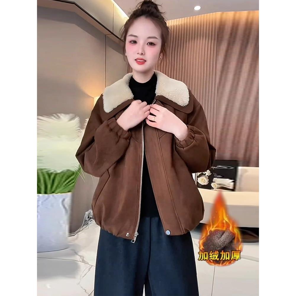 MONLOUVE加绒加厚牛皮绒短外套女2025冬季新款韩版时髦百搭保暖夹