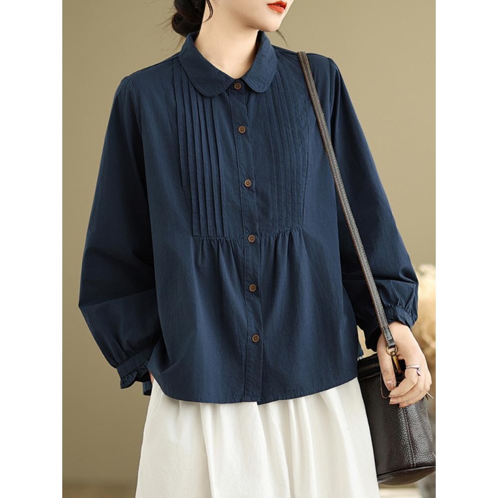 MONLOUVE文艺纯色压褶全长袖衬衫女春秋减龄遮肚显瘦娃娃衫休闲气