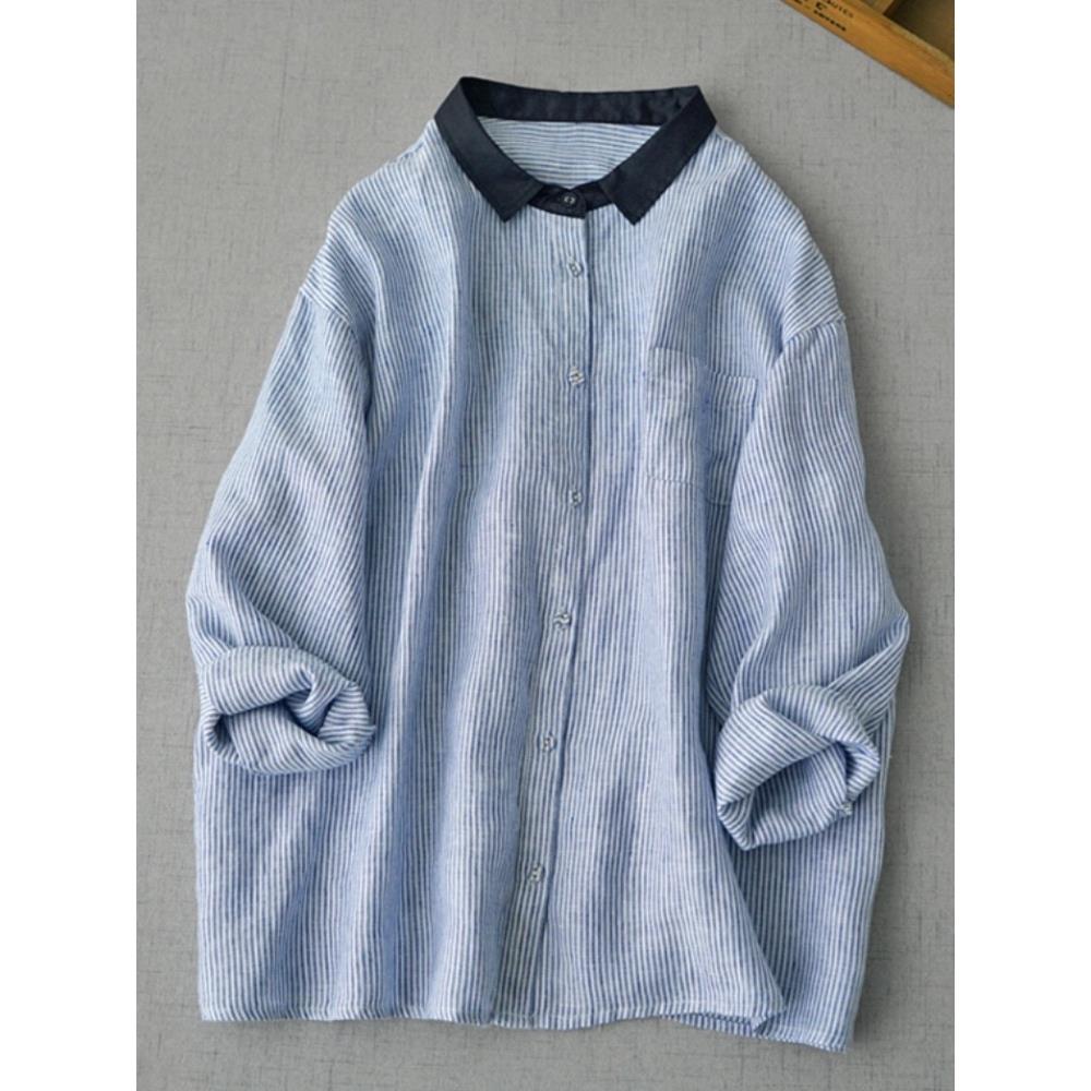 MONLOUVE大码文艺竖条纹衬衫女春秋新款宽松长袖撞色翻领单排扣上