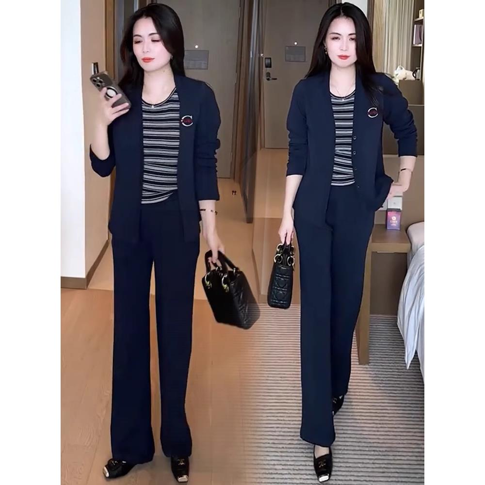 MONLOUVE休闲时尚套装女2025秋季洋气显瘦长袖开衫条纹背心阔腿裤