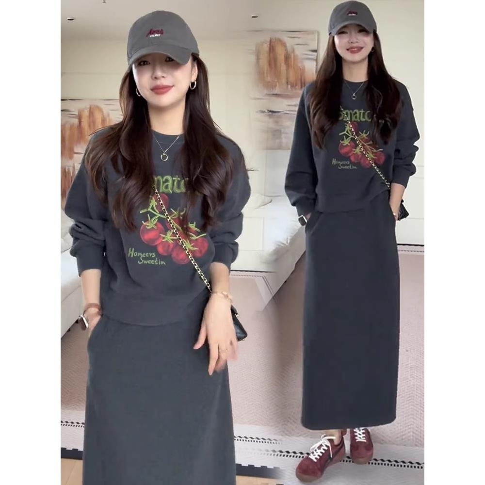 MONLOUVE时尚套装裙女2025秋季新款洋气显瘦圆领印花卫衣半身裙减