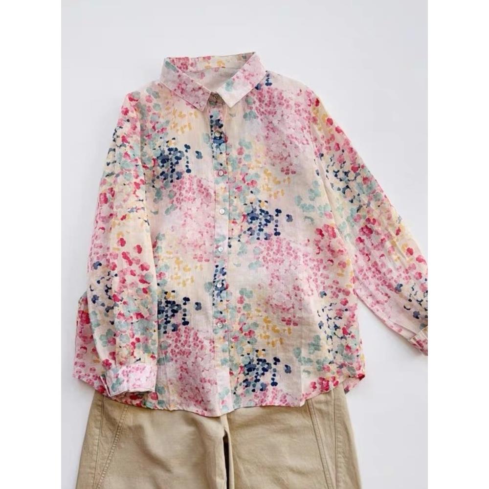 MONLOUVE苎麻碎花衬衫女长袖2025年新款春秋薄款宽松衬衣休闲百搭