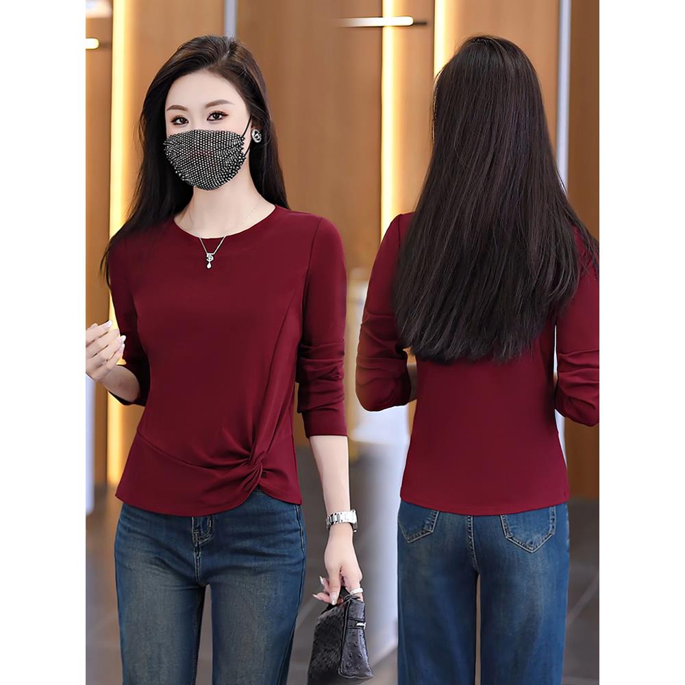 MONLOUVE时尚休闲长袖T恤女2025年秋季新款不规则显瘦百搭圆领打