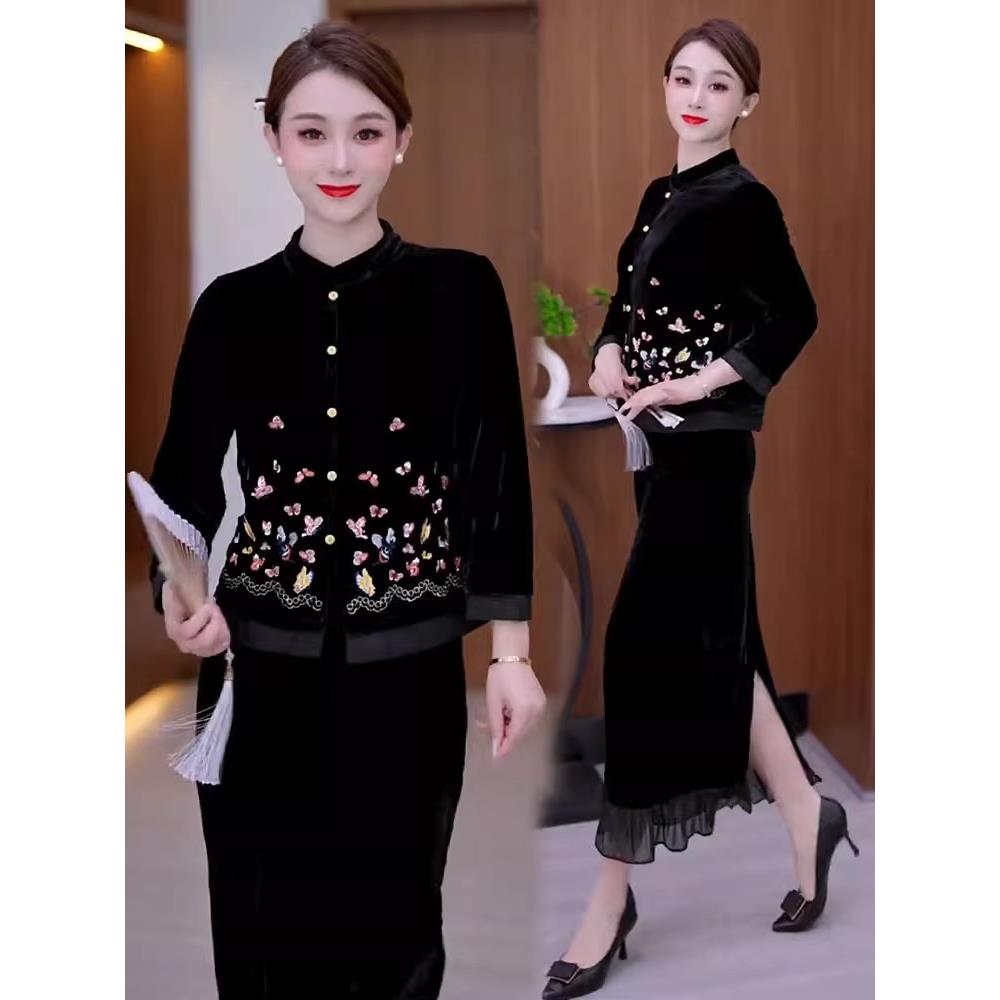 MONLOUVE时尚套装裙女2025秋季新款洋气国风刺绣覆古短外套半身裙