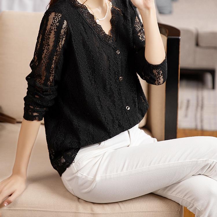 MONLOUVE法式雪纺蕾丝长袖内搭打底衫女秋季时尚百搭洋气时髦减龄