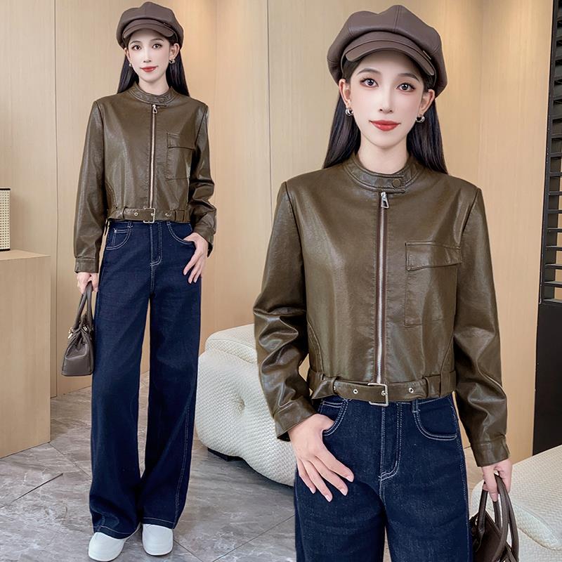 MONLOUVE时尚休闲短外套女2025秋季新款气质百搭休闲圆领拉链皮衣