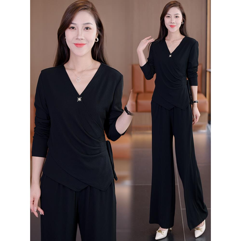 MONLOUVE2025秋季新款时尚设计感百搭修身显瘦V领长袖上衣阔腿裤