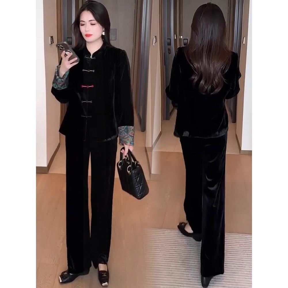 MONLOUVE新中式时尚套装女2025秋季新款洋气显瘦国风长袖衬衣阔腿