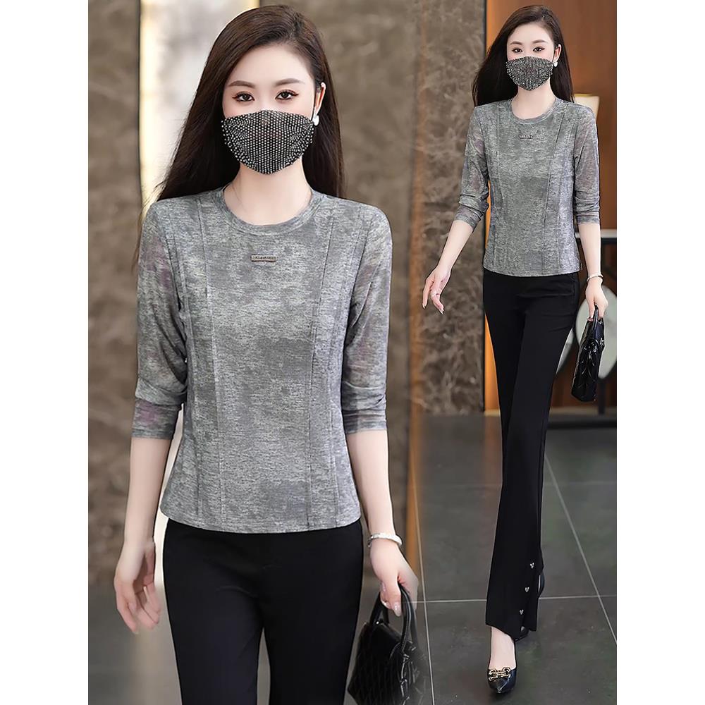 MONLOUVE时尚洋气长袖t恤女2025早秋新款圆领小衫修身显瘦百搭打