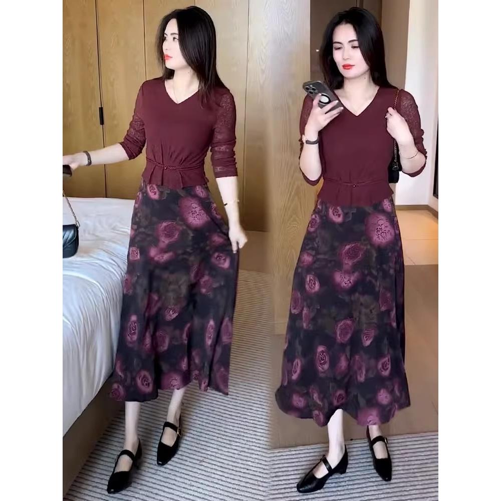 MONLOUVE时尚连衣裙女2025秋季新款时髦洋气中长款假两件气质长袖