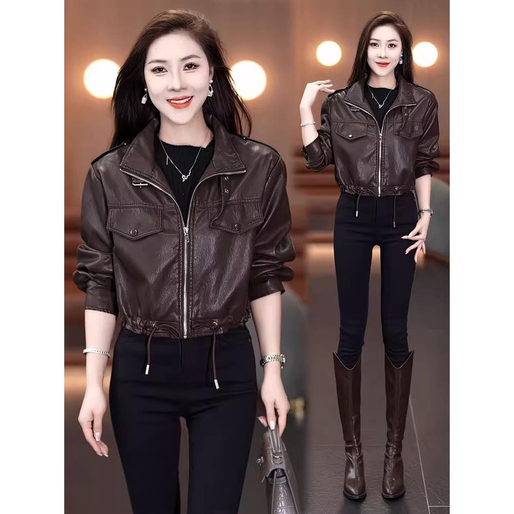 MONLOUVE皮衣短外套女2025秋季新款时髦洋气抽绳下摆小个子短款机