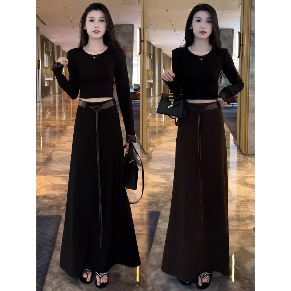 MONLOUVE时尚套装裙女2025秋季新款时髦洋气长袖蕾丝镂空上衣半身