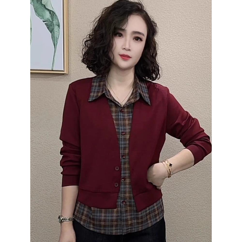 MONLOUVE时尚长袖衬衫女2025秋季新款洋气显瘦百搭假两件格纹拼接